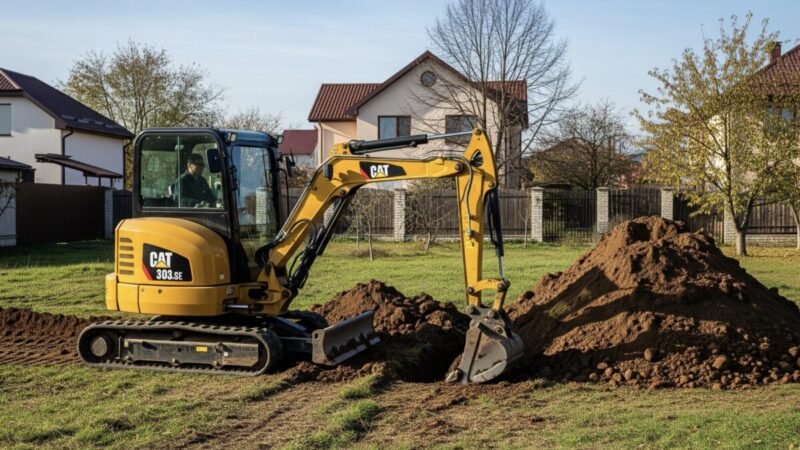 Міні-екскаватор CAT 303.SE копає траншею на приватній ділянці в Хмельницькому